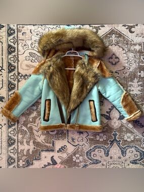 Kids Faux Fur-Trimmed Aviator Jacket - Mint & Brown
